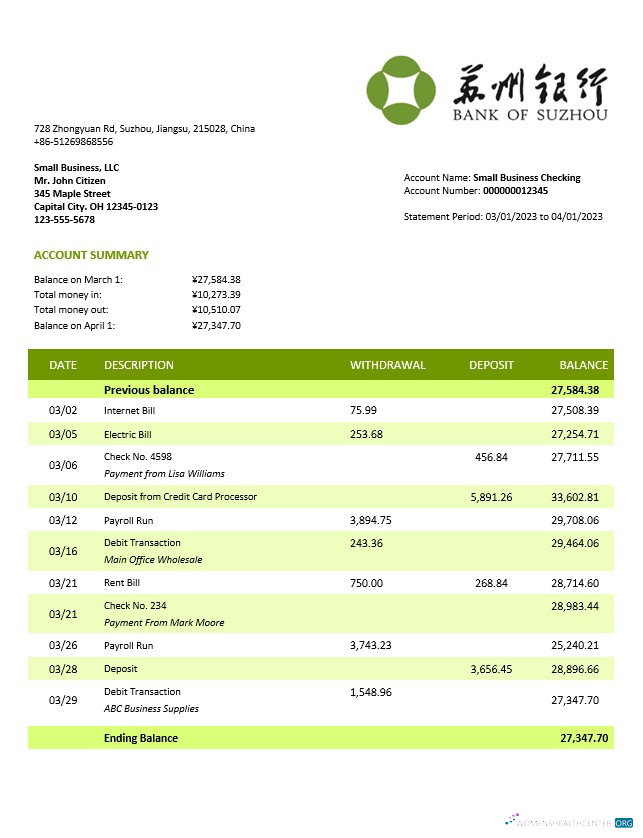 Download Bank of Suzhou firm account statement Word and PDF template Photoshop template